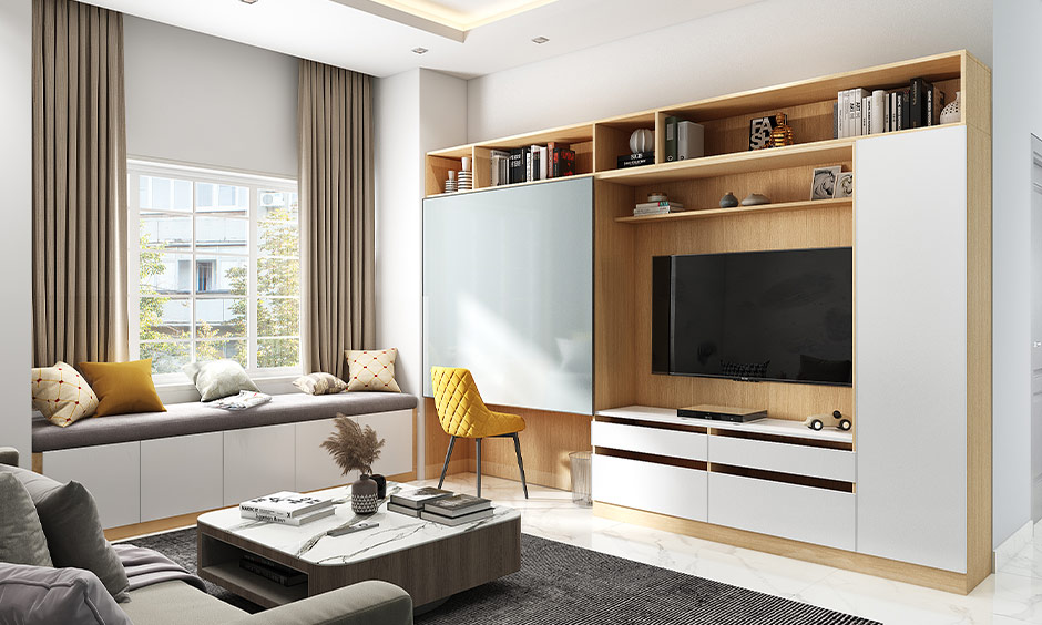 Wooden center table design with rounded edges and storage helps keep the living space uncluttered