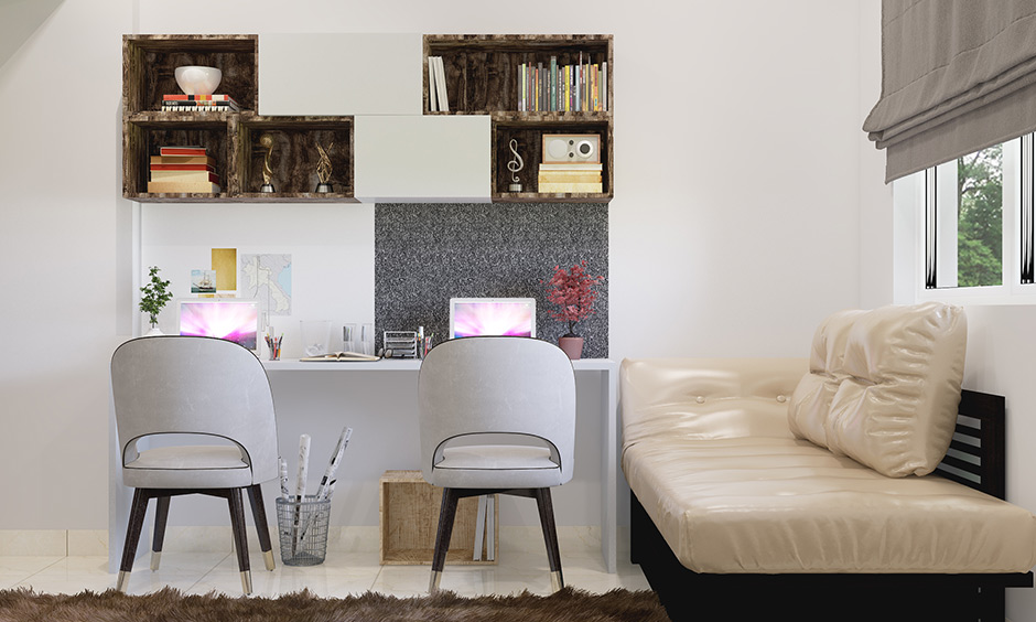 Grey wooden chairs are designed for a study table