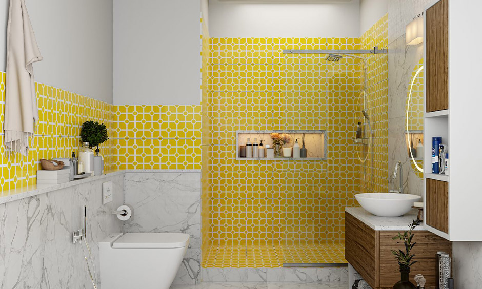 Yellow and white marble bathroom design which gives a summer feel