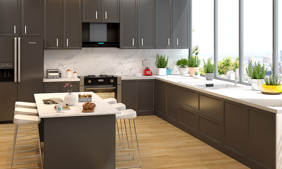 3d kitchen interior design showcases a big glass window, cabinets in a sleek grey shade, and a white countertop