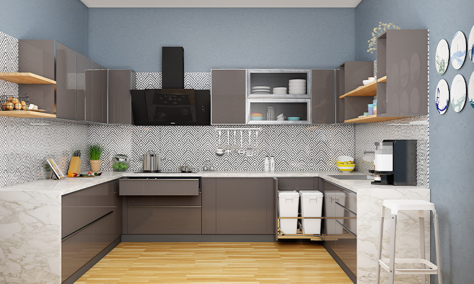 Elegant 3D kitchen interior with patterned backsplash, and striking black chimney