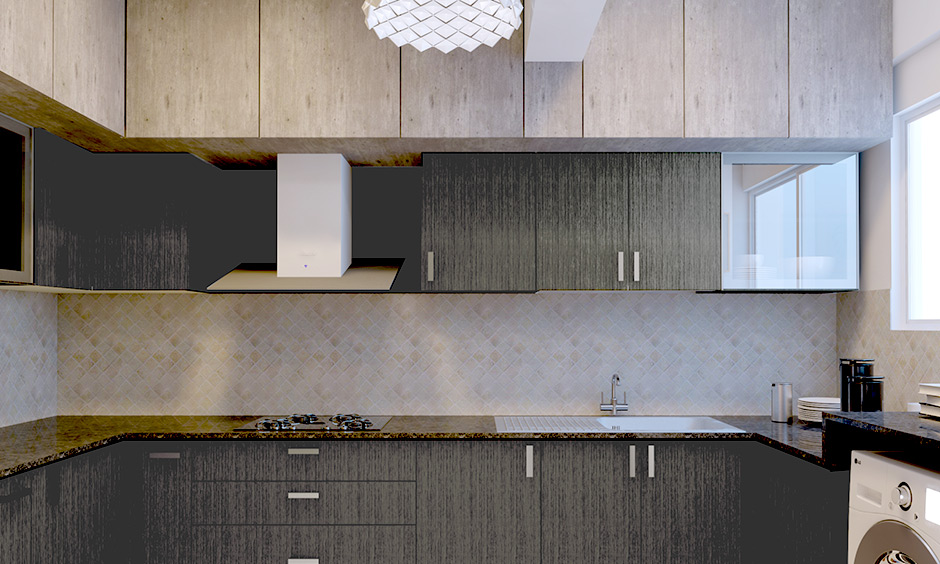 3D modular kitchen design comes with a utility area and a fancy pendant light that adds a unique charm