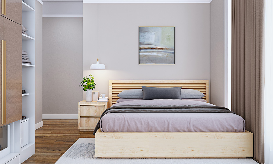 Aesthetic room decor in purple colour with a bedside table