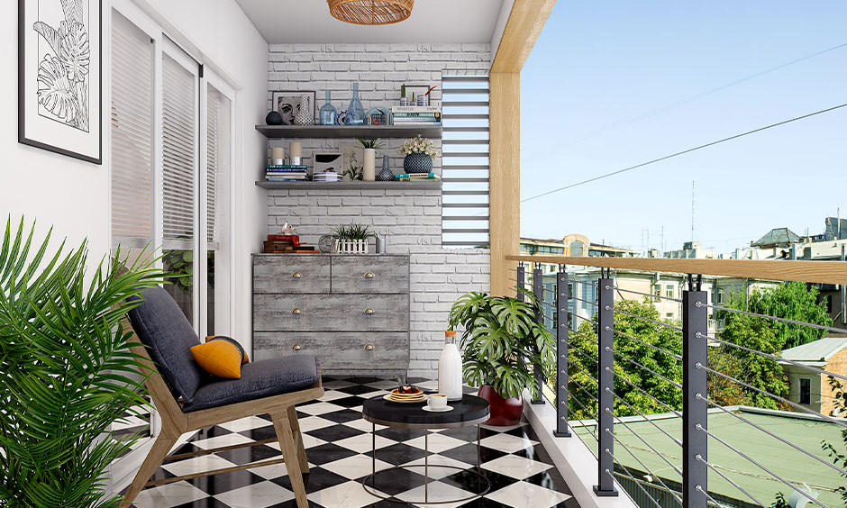Floating wall shelves as a balcony storage solution suitable for smallest spaces