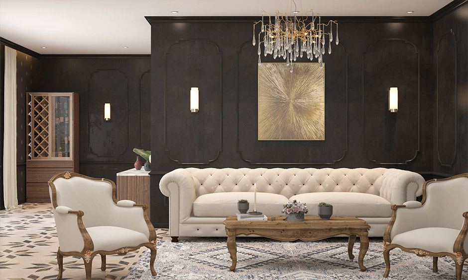Black colour psychology in living room interior design creates a striking visual contrast
