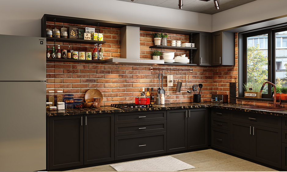 Black kitchen cabinets with a timeless brass sink for a classy look