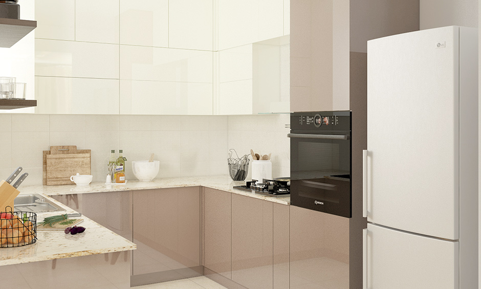 Compact modern 3D kitchen design with pastel beige-coloured base cabinets and white-coloured top cabinets has a soft look