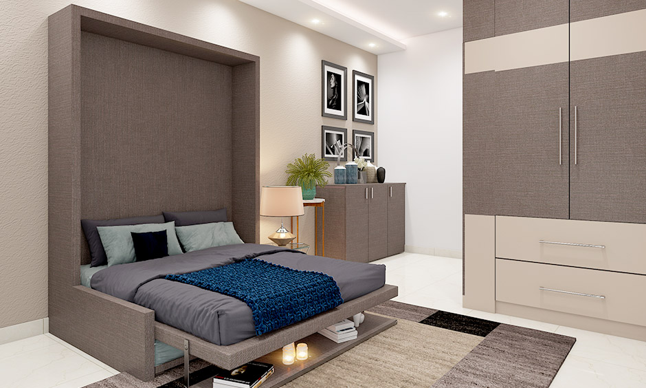 Floating platform bed with self underneath is perfect for the space-conscious bedroom