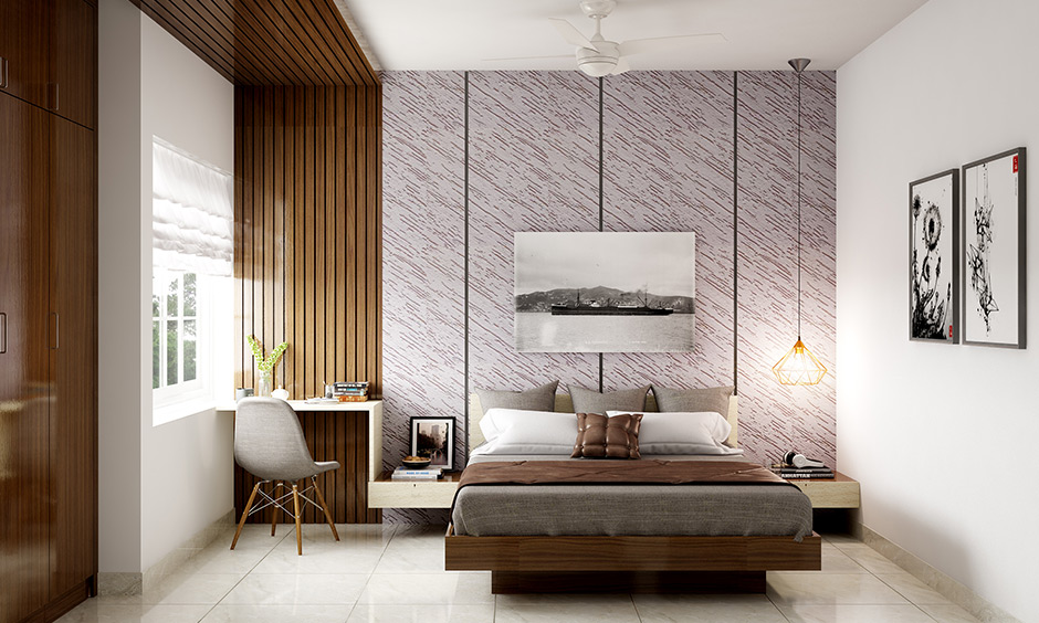 Floating wooden bed in soothing setting