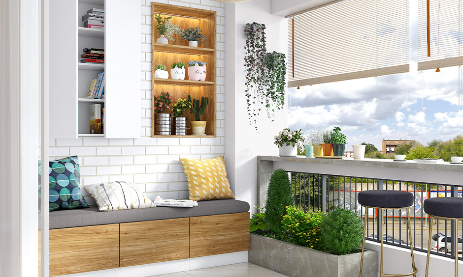 Hidden balcony storage bench which maximises space