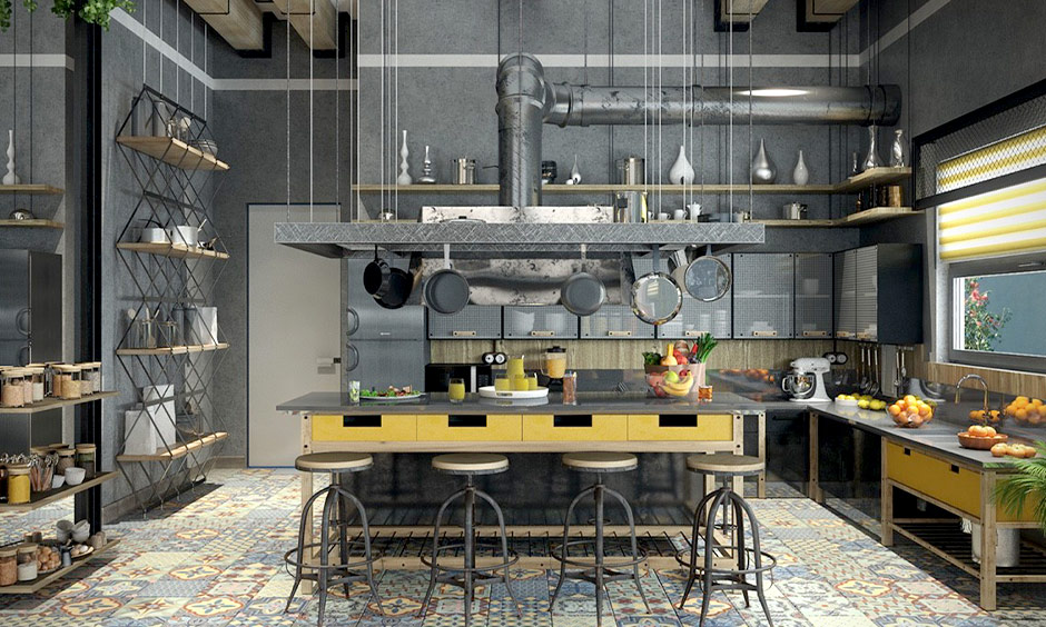 Industrial-style 3d modular kitchen design with grey and steel elements creates an authentic industrial space