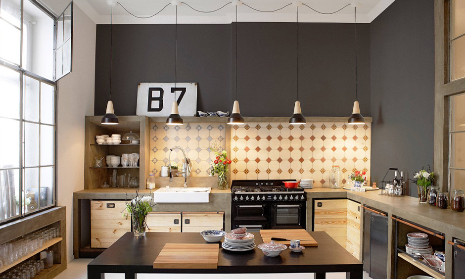 3d modular kitchen with a large centre table and beige-tiled backsplash breaks the colour monotony