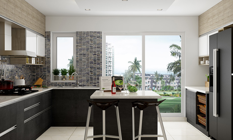 Minimalist modern 3d kitchen design includes an island with high chairs, perfect for socialising and enjoying the view