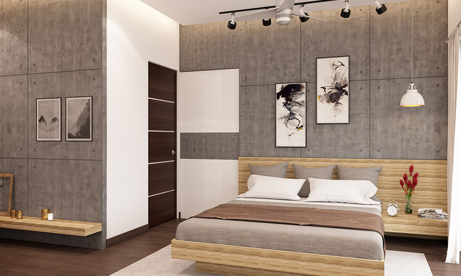 Modern floating bed design includes a headboard with a convenient side table