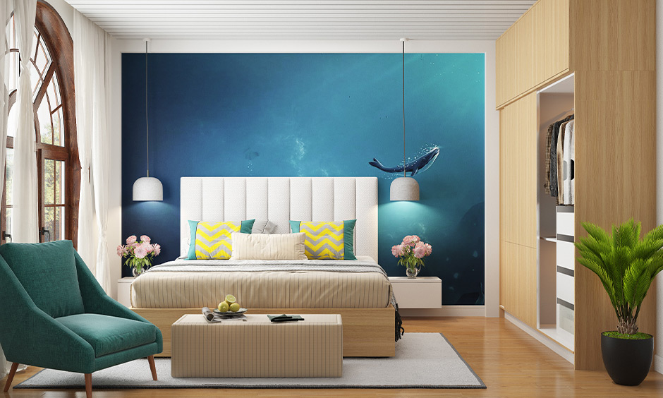 Nautical style interior design using printed wallpaper to bring clamness