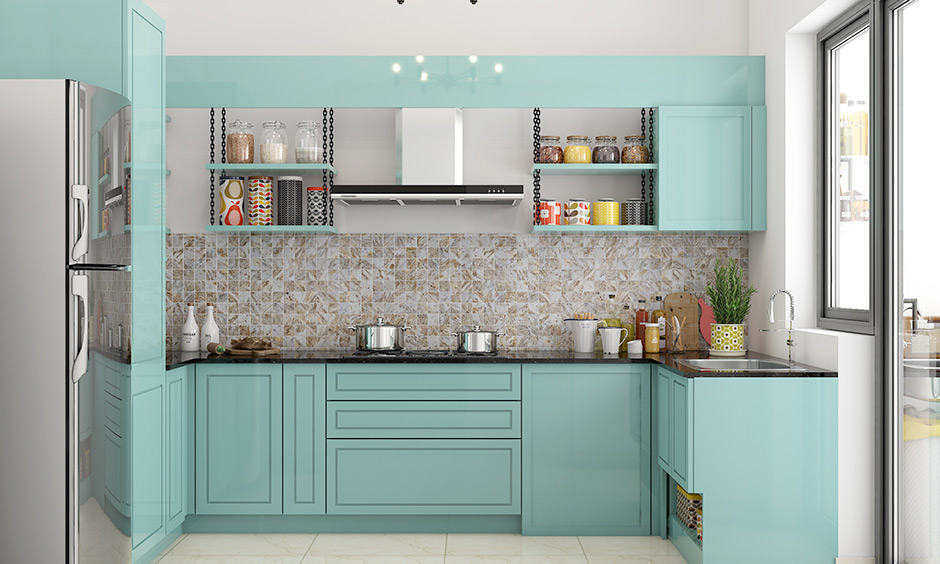 Modern 3d kitchen design features powder blue cabinets contrasted against the white walls