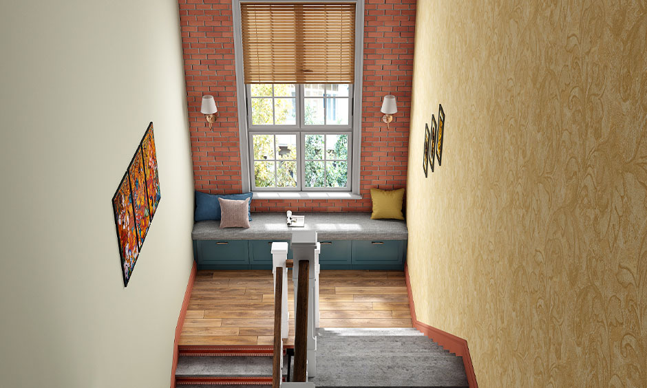 Simple staircase window with bamboo blinds and rustic brick wall