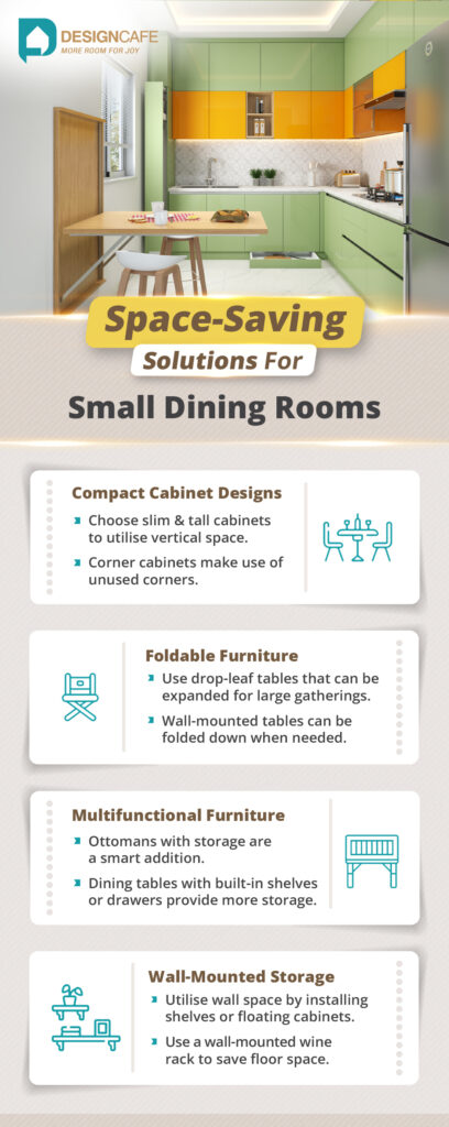 Space saving solutions for small dining rooms with compact cabinet, foldable furniture and wall-mounted storage