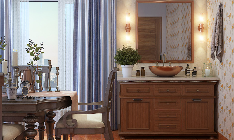Square wash basin mirror with a copper frame for a traditional touch