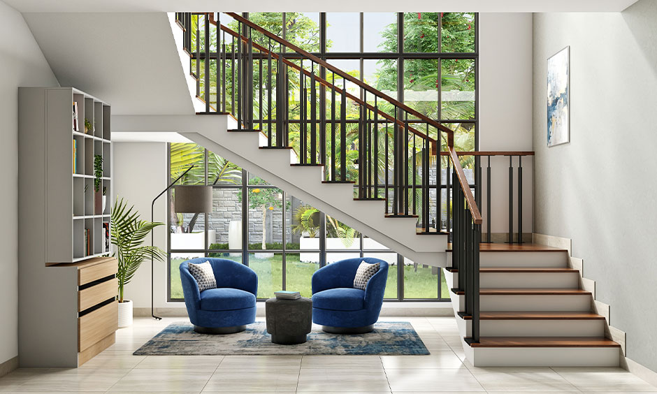 Staircase window glass design enhances mid-century modern home
