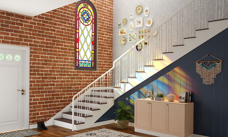 Stained glass in modern staircase window adds texture and interest