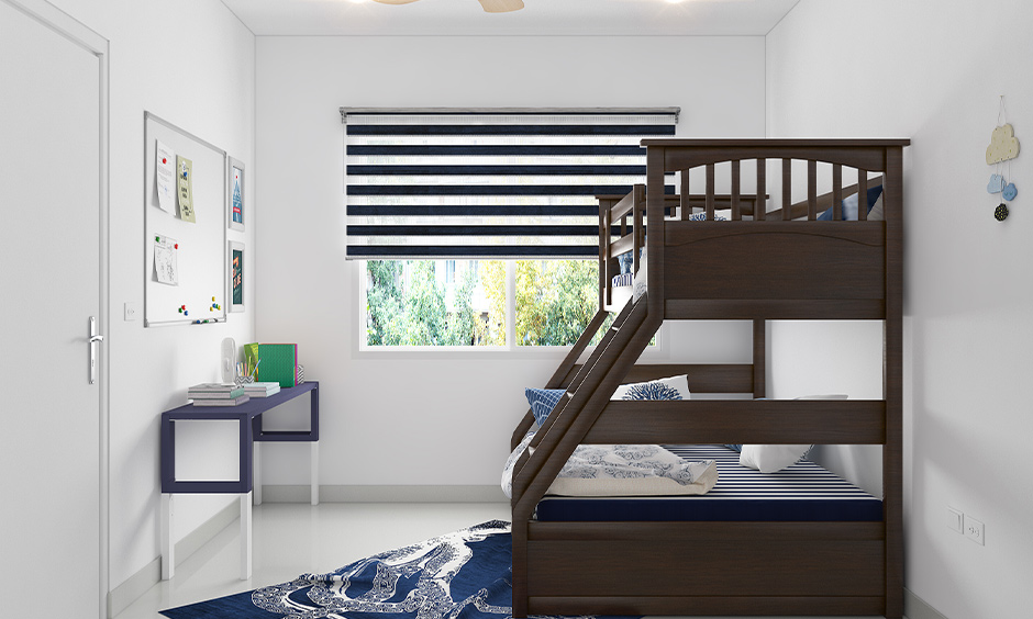 Two-level wooden bunk bed design comes with a ladder on the side for easy access