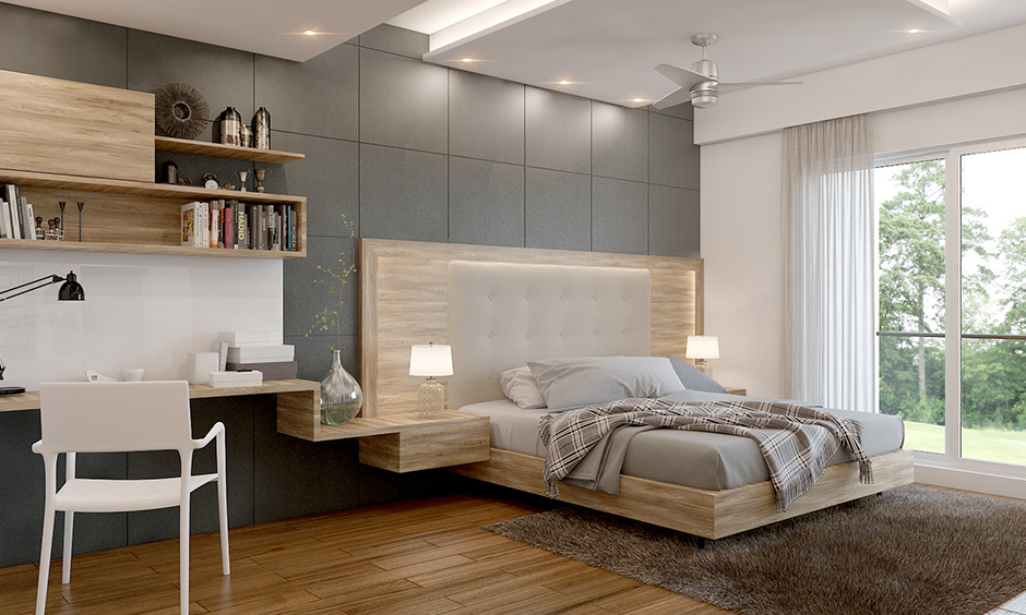 Upholstered floating bed frame creates a warm and inviting atmosphere in the bedroom