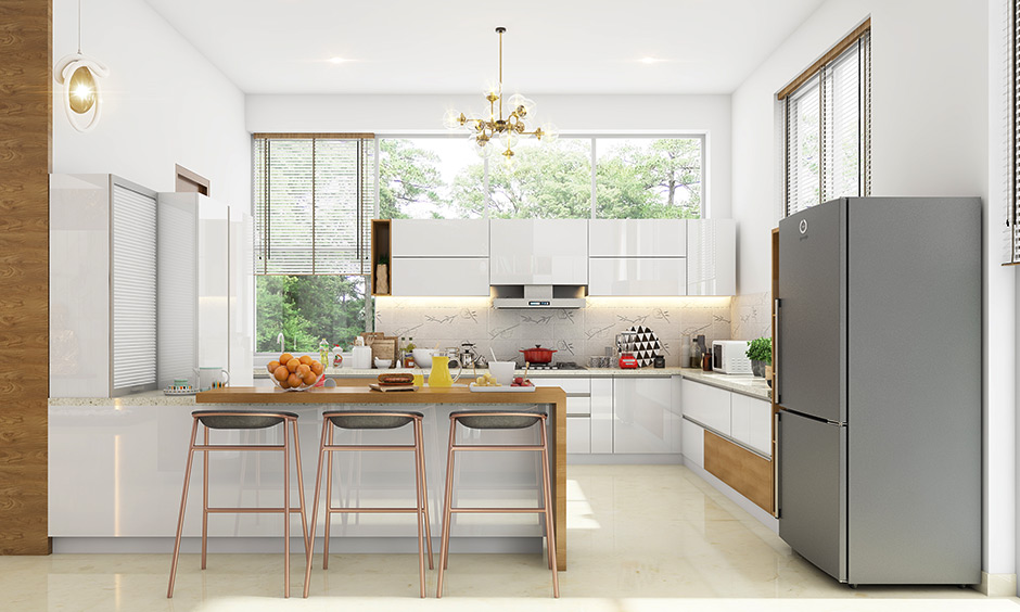 White 3D kitchen design with wooden accents and lighting fixture elevates the space