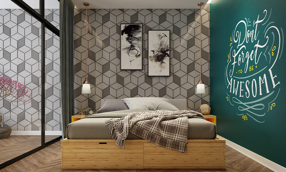 Wooden double bed design with storage drawers underneath to store extra blankets