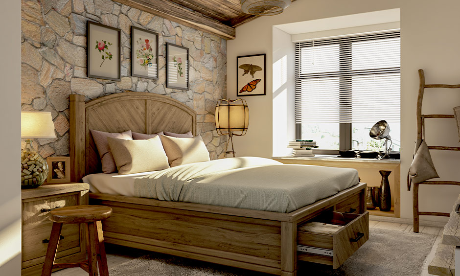 Wooden head box bed design elevates a soft look with a stone-tiled accent wall and light beige wooden flooring