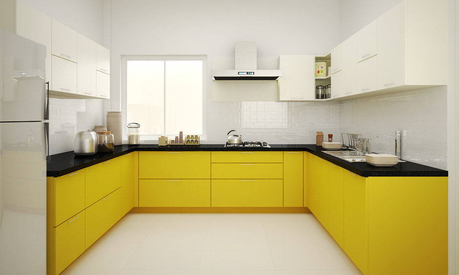 3d kitchen design with a combination of yellow and white kitchen cabinets looks bright and refreshing