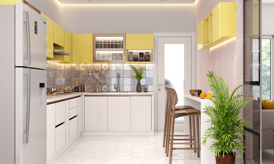 Beige and grey moraccan kitchen tiles for l-shaped kitchen