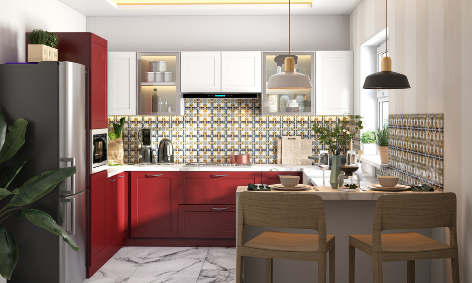 Blue moroccan tiles for a vibrant G-shaped kitchen