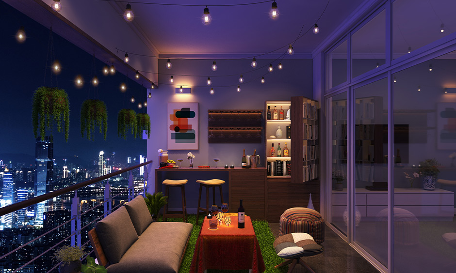 DIY balcony decor idea by adding lights to bring a sparkling effect