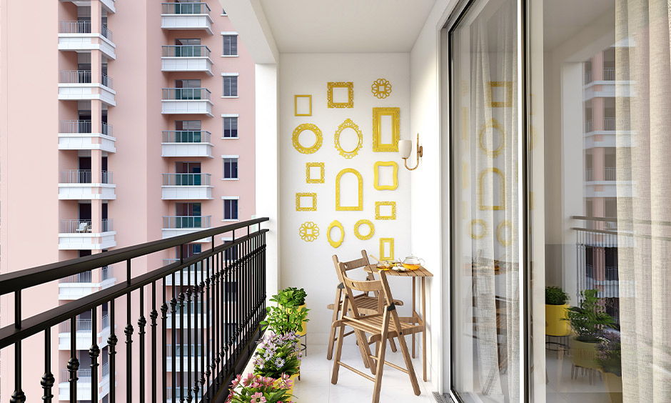 DIY balcony wall decorated with empty carved frames