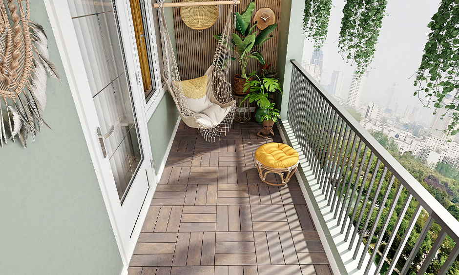 DIY small balcony decorated with interlocking wooden floor tiles
