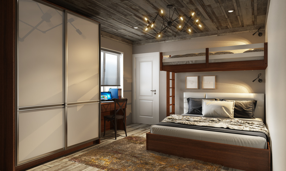 Double adult bunk bed design in rustic touch with wooden accents