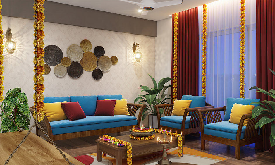 Karthigai Deepam decoration with festive lights on wooden furniture