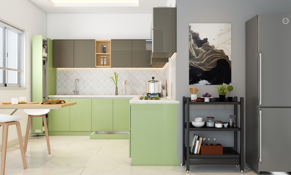 Grey kitchen cart on wheels designed for microwaves and ovens