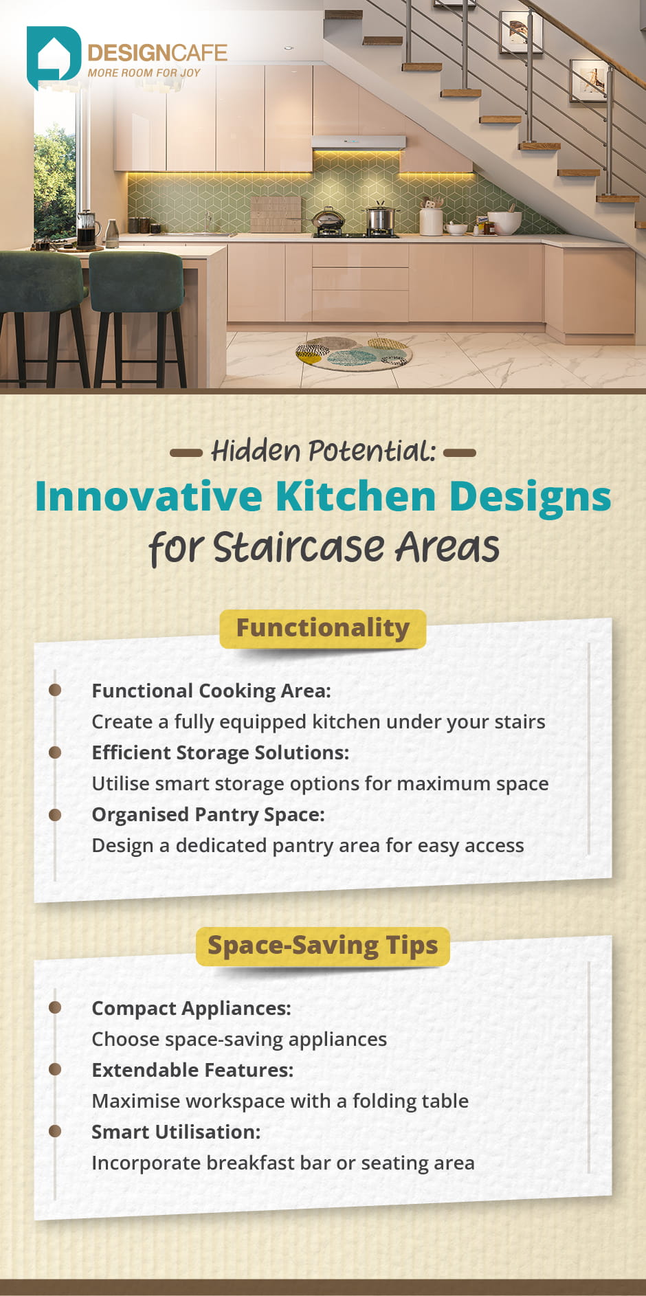 Space saving kitchen designs under staircase
