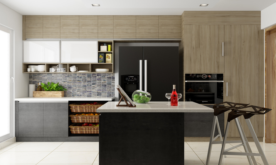 Wooden kitchen door design which matches the overall interior theme