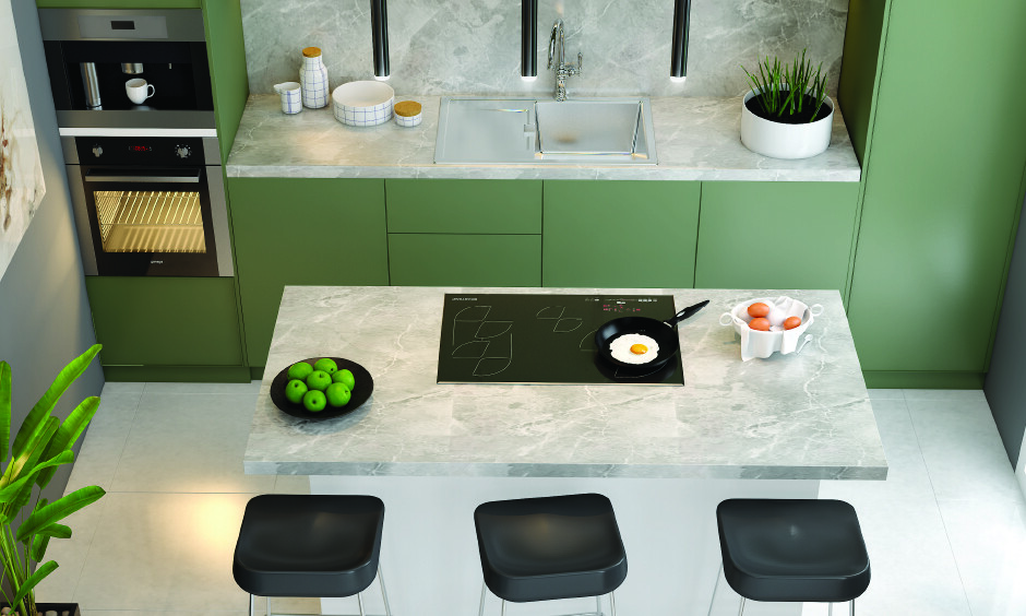 Natural stone flooring in kitchen island with rustic patterns