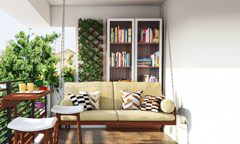 Open sitout design includes bookshelves, swing, and coffee table