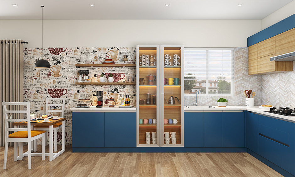 Coffee bar counter design in L-shaped kitchen for a cafe vibe