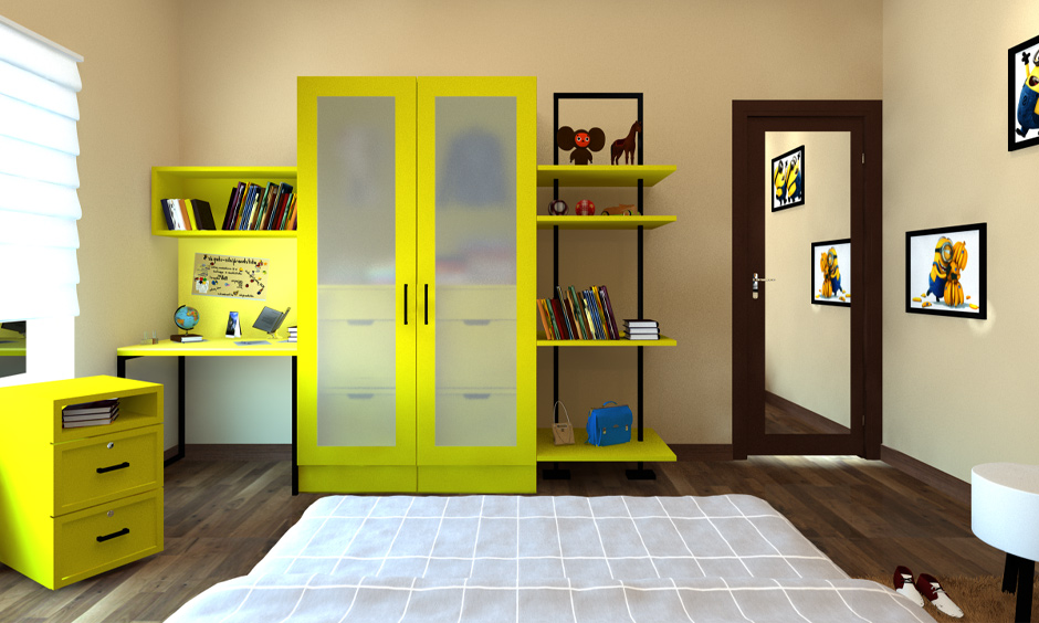 Bedroom cabinet design for children in yellow colour for a sunny vibe
