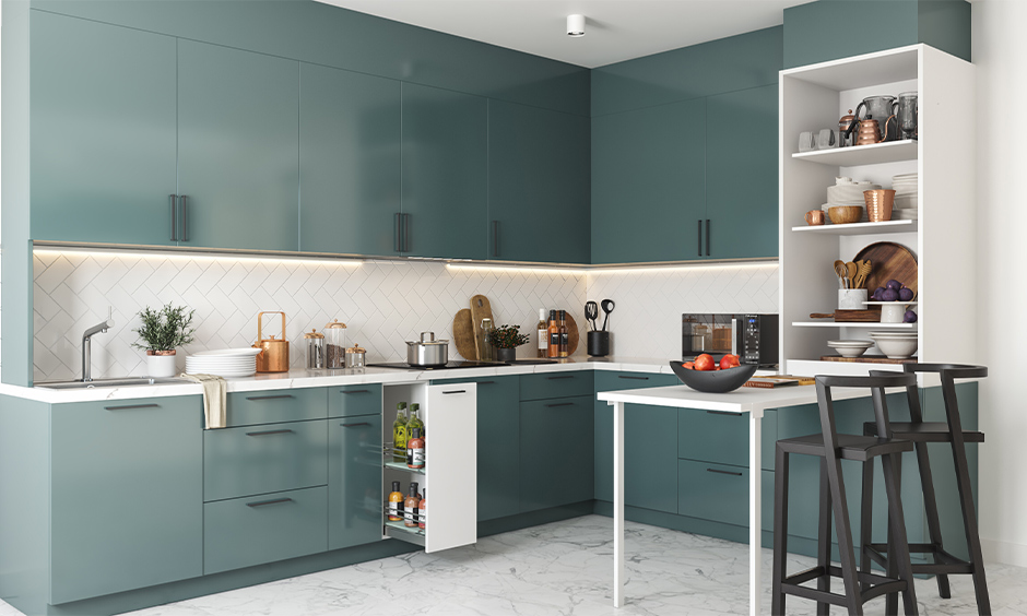 A coffee bar design with a built-in breakfast counter
