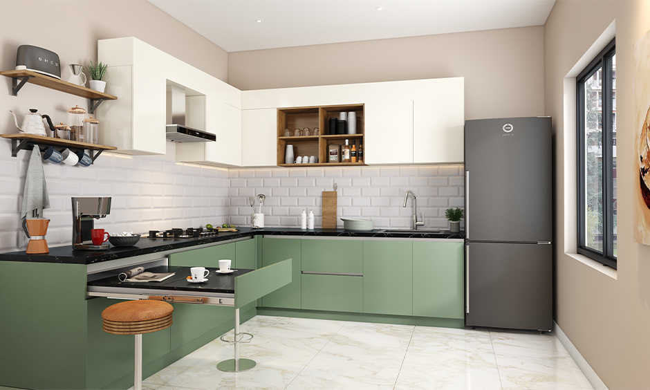 Coffee bar ideas for home with a pull-out counter are clever space-saving solution