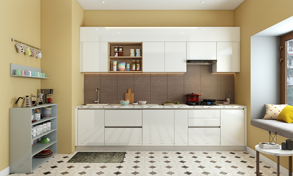 Coffee station ideas in a straight kitchen with a floor-touch cabinet have open shelves
