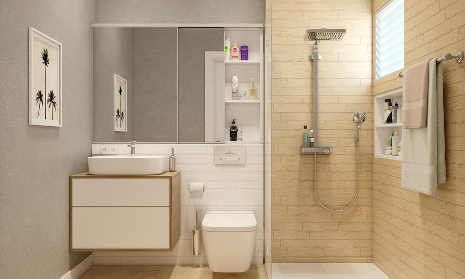 Combining cream-coloured tiles and marble flooring creates an airy and expansive atmosphere