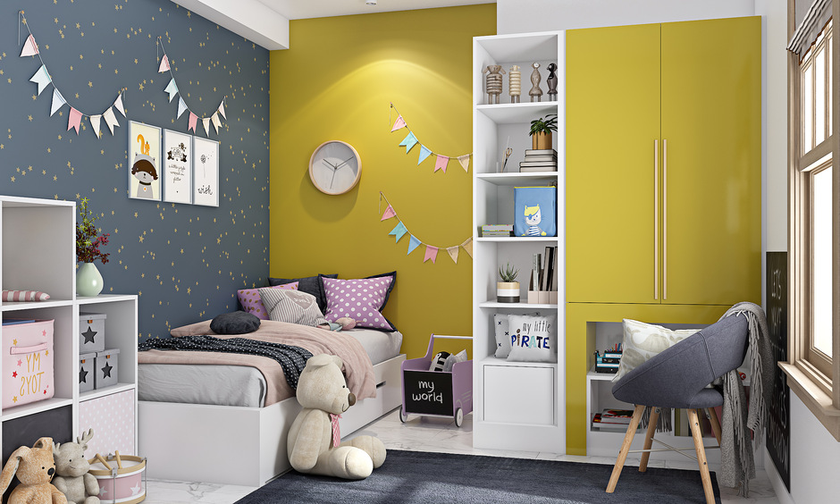 Cupboard interior design with hidden l-shaped study desk